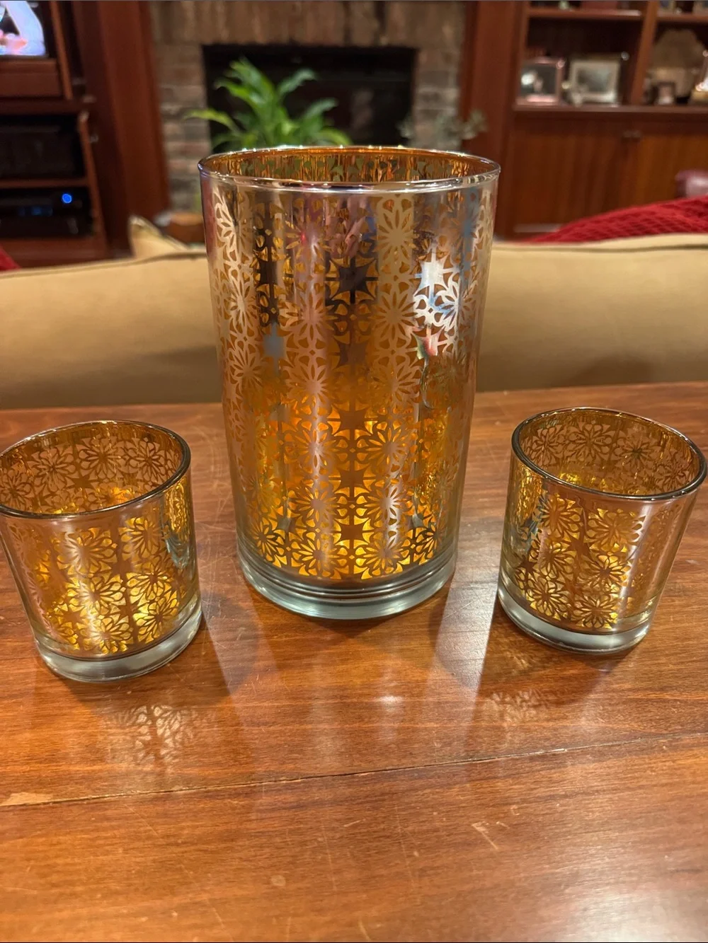 RARE Crate&Barrel Raj Hurricane + 2 Matching Votive Candle Holder Gold Silver